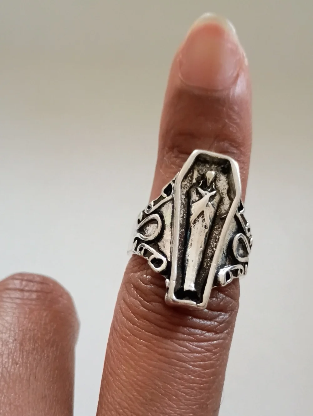 Silver Tone Coffin Ring Gothic Biker Statement Band Men’s Size 8